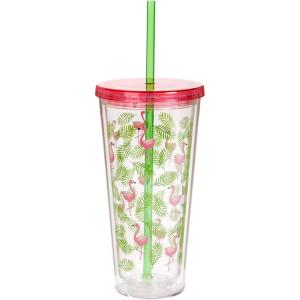 image:imageXampO Paper Goods Green and Pink Flamingo Acrylic Double Wall Tumbler Cup with Lid and Straw 20 oz 4 W x 775 H